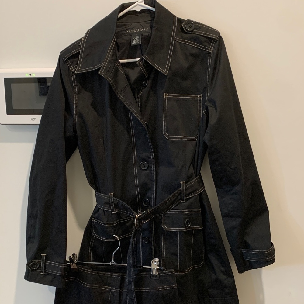 Apostrophe Black short Trench Coat topstitched with belt, cotton& pants NWOT